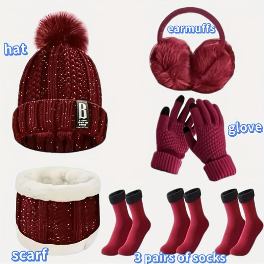 Winter Sports Set , Thick Warm Knit Beanie Gloves Ear Muffs & Snow Socks