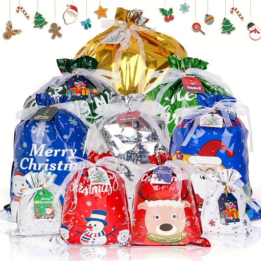 60pcs Christmas Drawstring Gift Bags - 30pcs Various Sizes Gift Bags, 30pcs with Colorful Tags, Suitable for Christmas Gifts.