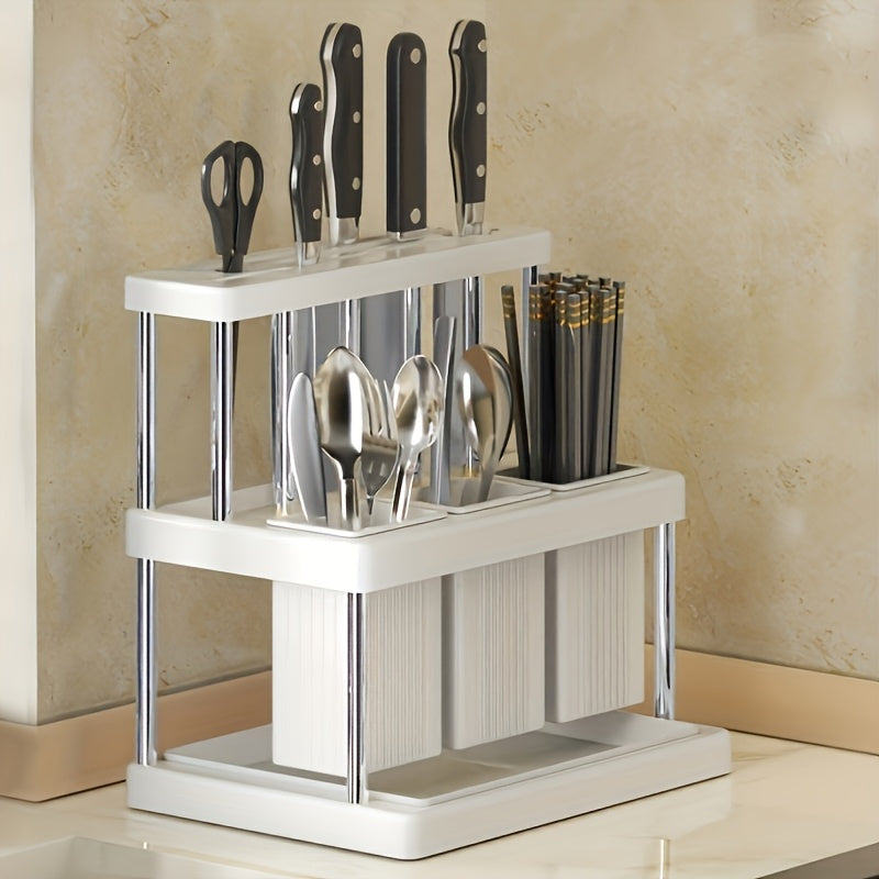 1pc Multi-Functional Kitchen Utensil Organizer - Space-Saving Plastic Storage Rack for Knives, Forks, Spoons, and Chopsticks with Green and White Compartments, Ideal for Countertop Organization, Cooking Utensils