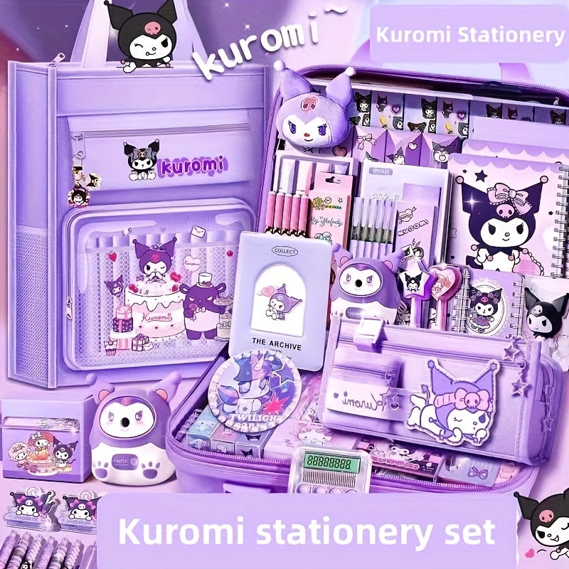 [Kuroko's Complete Supplies] 27pcs Kuromi Stationery Set | Cute Purple Plush-like Gift with Diary, Stickers & Lunchbox-Style Case.