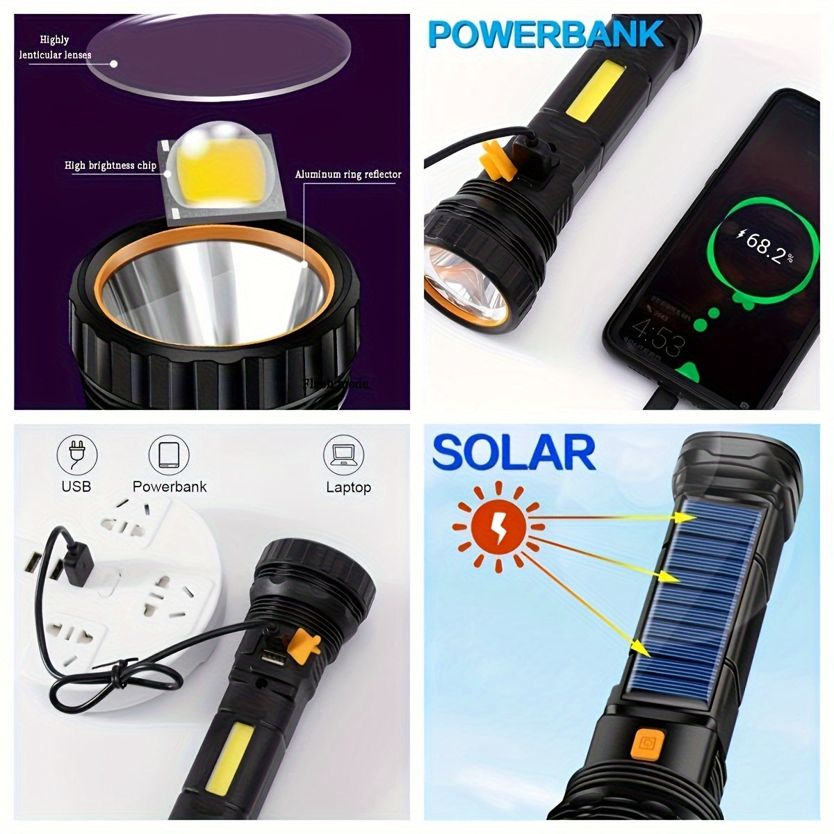 rechargeable solar flashlight with COB side light, USB rechargeable, multifunctional, 3 modes, perfect for outdoor exploration, camping, hiking, home safety, and emergency situations (including battery)