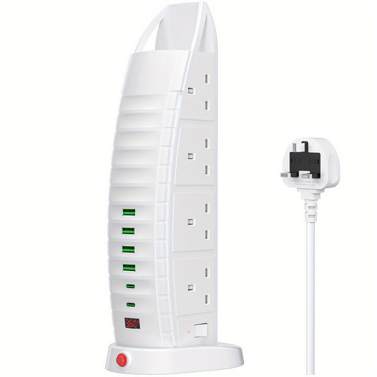2M Tower Extension Lead With USB Slots, 8 Way Outlets Multi Plug Extension Tower With 6 USB (2 Type C & 4 USB A Ports) Overload Protection Extension Cord With 2 Independent Switches, Tower Power Strip