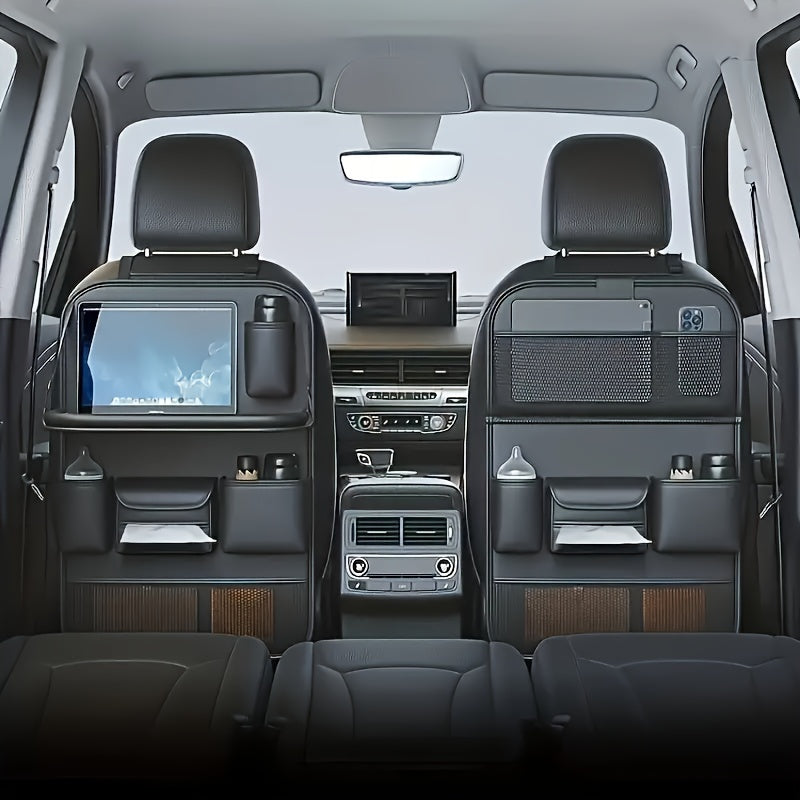PU Leather Car Back Seat Storage Box with Foldable Dining Table And Cup Holder, Multifunctional Storage Bag, Vehicle Seat Protector, And Anti-Kick Mat.