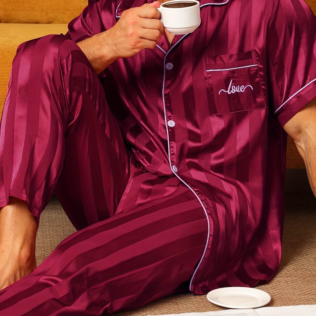 2pcs Men'S Pajama Set Short Sleeve Long Pants Thin Stripes with Embroidered Letters Summer Collar Cardigan Home wear Set