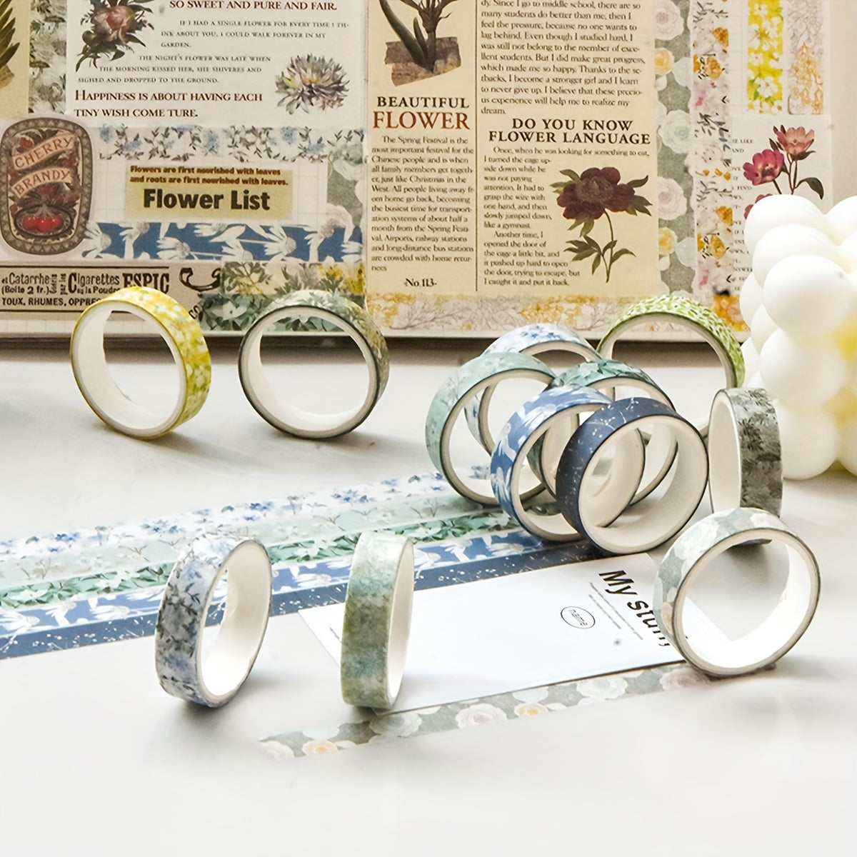 [Traceless Washi Tape] 5 Rolls of Tear-Off Traceless Washi Tape Flower Series - Decorative Sticker Tape for Diaries, Photo Albums, Schedules and Party Decorations