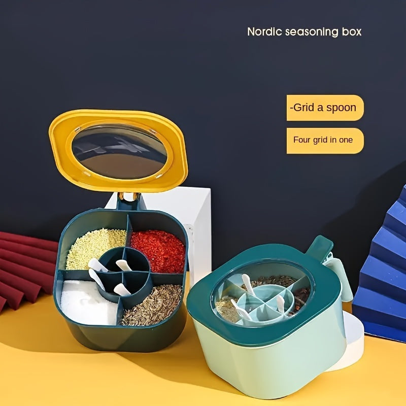 Large Capacity Spice Box with Lid and Spoon - Durable ABS Material, Four-Compartment Integrated Multi-Functional Kitchen Seasoning Container.