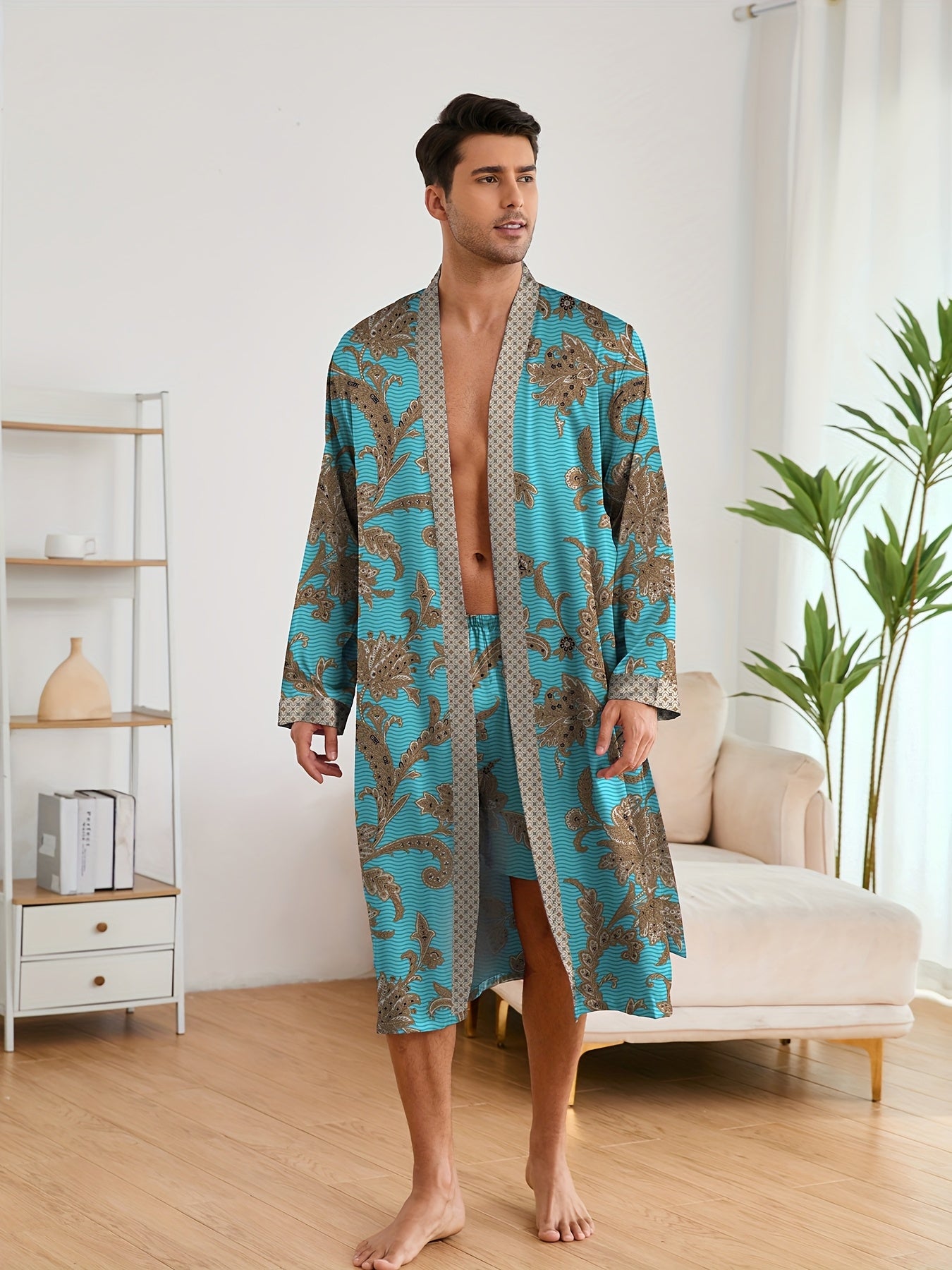 Men's Sleep Robe, Elegant And Light Luxury Pajamas Set, Stylish Gorgeous Floral Print, V-neck Long Sleeve .