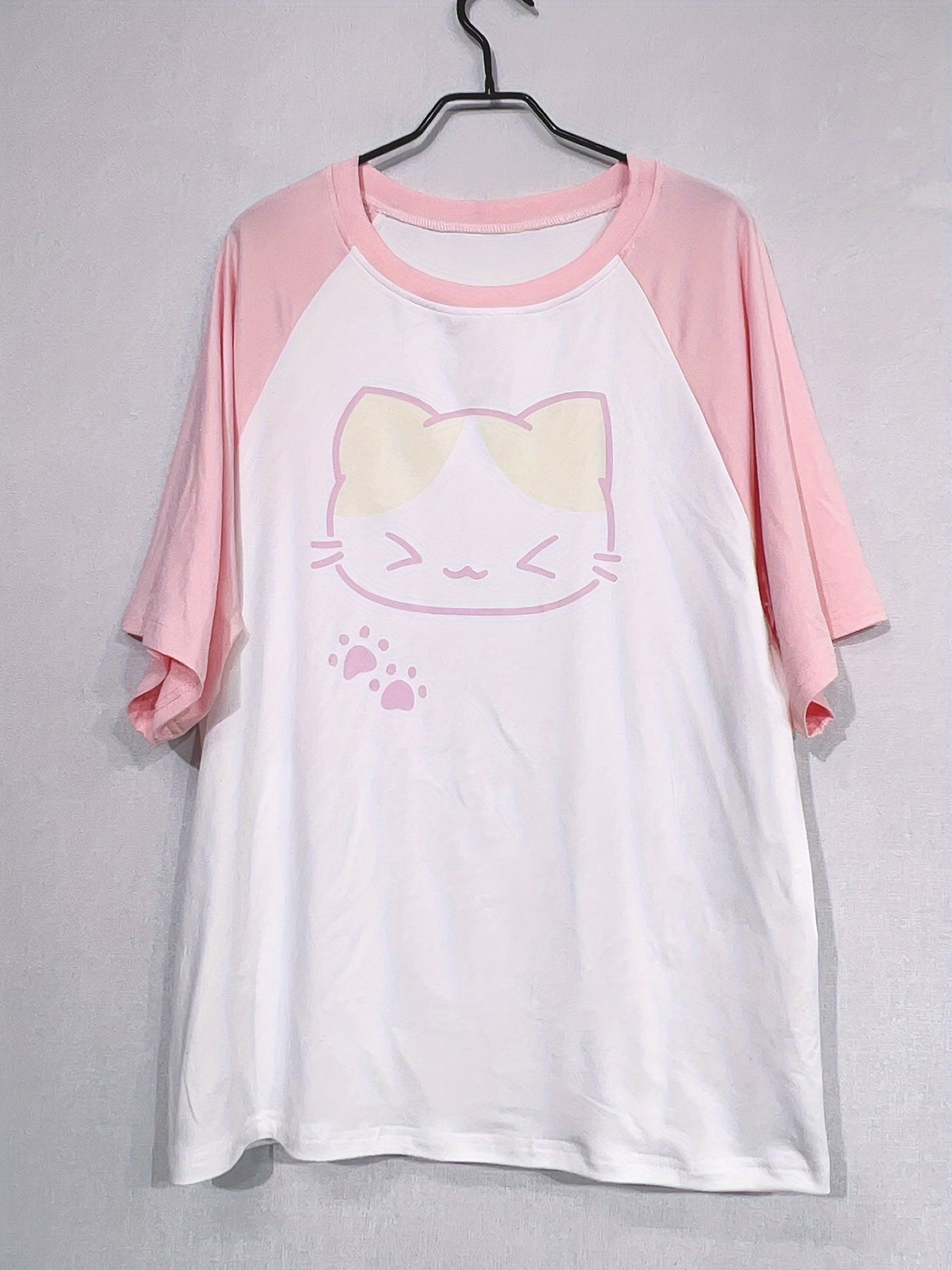 Pink & White 100% Polyester Crew Neck Short Sleeve - Adorable Y2K-Inspired Cat Print Blouse for Women - Casual Summer Fashion, Machine Washable