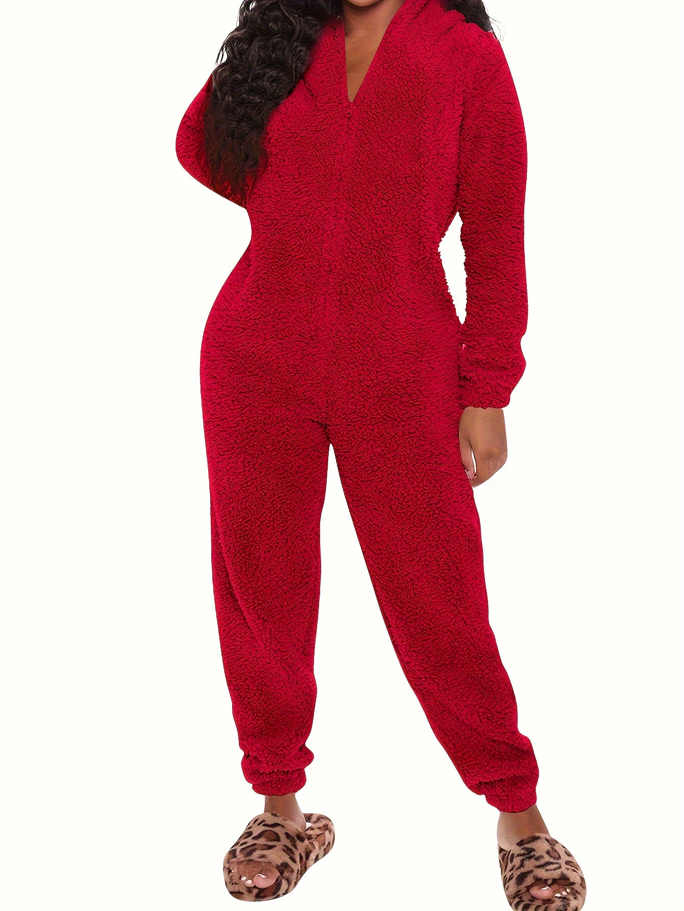 Women's Plush Fleece Pajama Jumpsuit - Hooded, Zip-Up, Easy-Care,