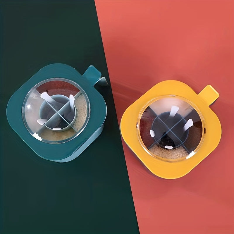 Large Capacity Spice Box with Lid and Spoon - Durable ABS Material, Four-Compartment Integrated Multi-Functional Kitchen Seasoning Container.