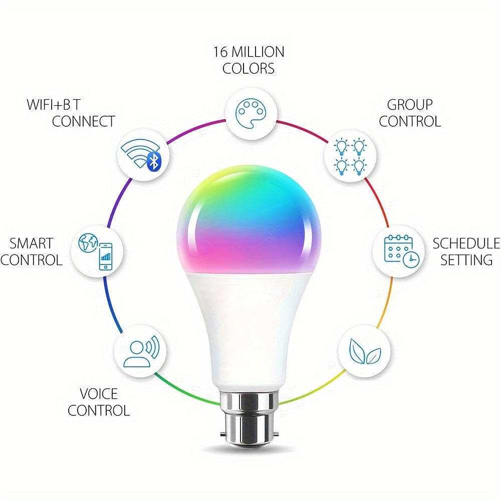1PCS B22 LED WiFi Smart Light Bulb, RGB Smart Bulbs, 10W B22 Tuya APP Bulbs, Dimmable 16 Million Colours Changing Light Bulbs BT Control, 10W B22 Smart Tuya Bulbs Seting Timers, Scene And Music Sync, Voice Control Compatible