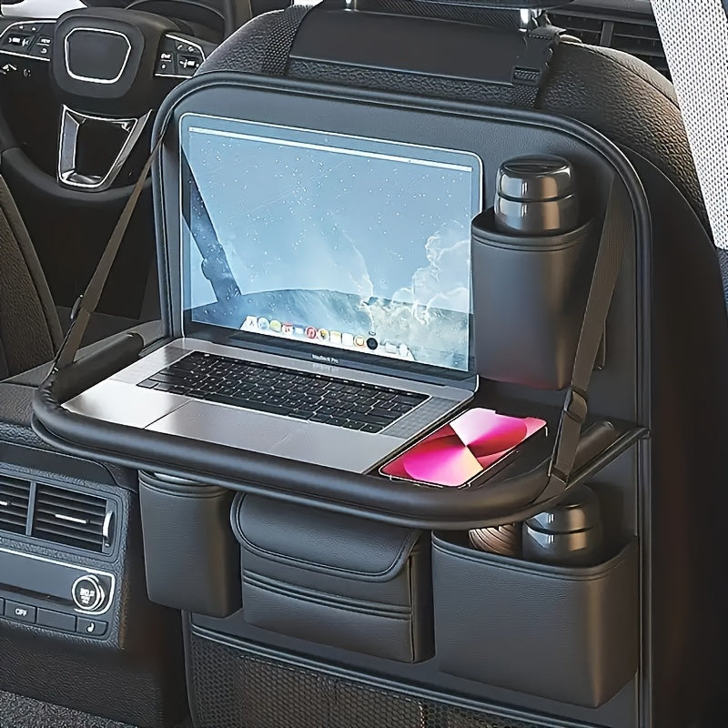 PU Leather Car Back Seat Storage Box with Foldable Dining Table And Cup Holder, Multifunctional Storage Bag, Vehicle Seat Protector, And Anti-Kick Mat.