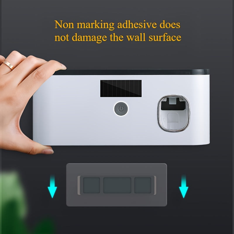 Sleek Modern UV Sanitizing Toothbrush Holder, Wall-Mounted Bathroom Organizer, No-Drill Installation, USB Rechargeable Lithium Battery, Plastic Material, with Built-in Light for Effective Cleanin