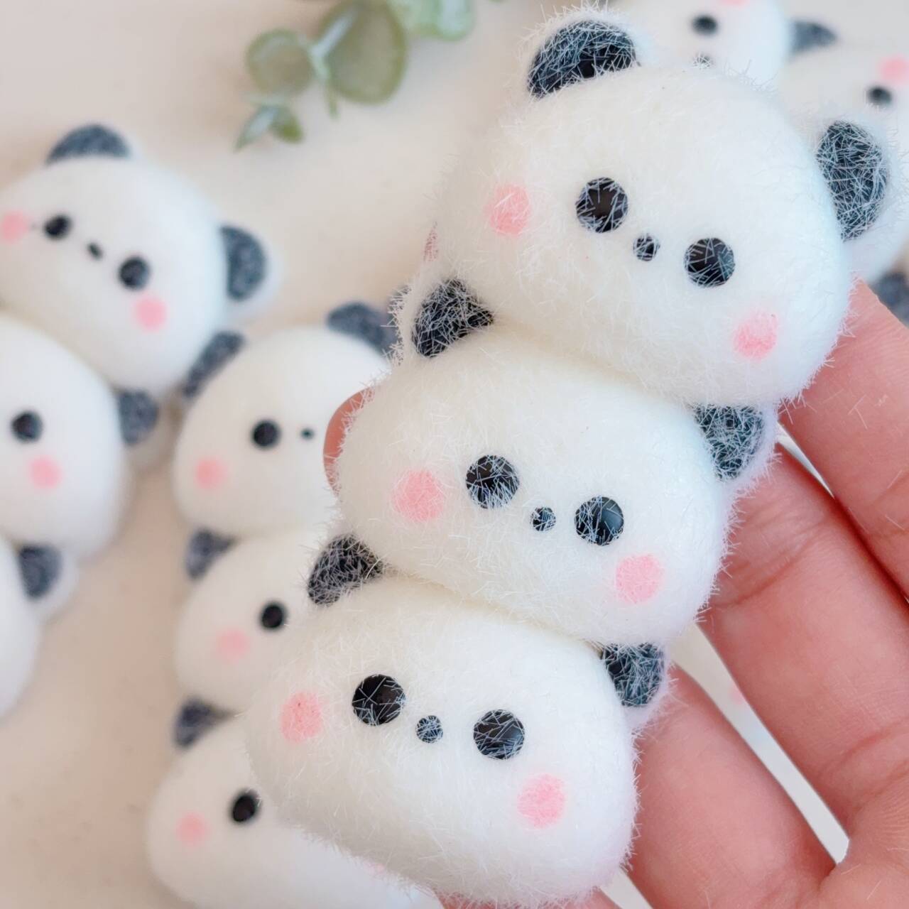Adorable Blush Three-in-a-Row Panda Squeeze Toy with Slow Rebound and Creamy Texture, Soft Touch, Desk Companion, Holiday Gift