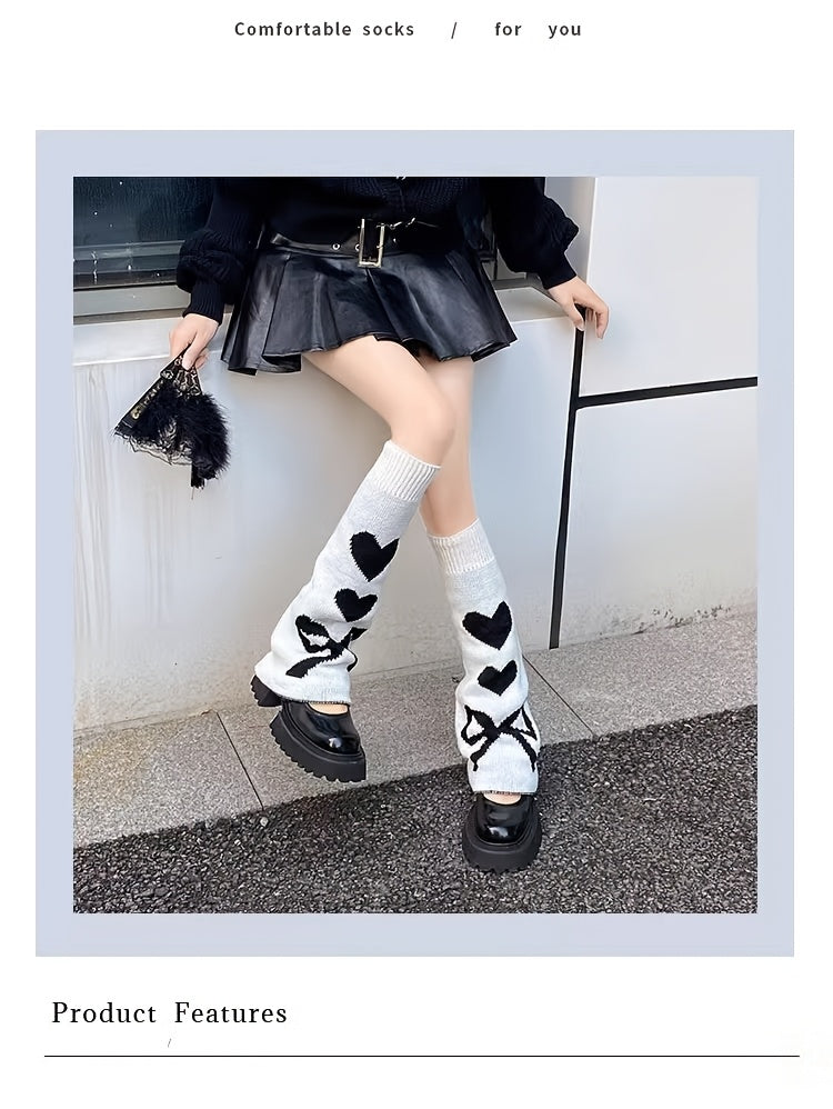[Punk Knee Socks] Reversible Y2K Punk Gothic Knee High Socks | Lolita Style Heart Pattern, Warm Acrylic Knit Fabric, Women's Autumn Winter Knee Warmers, 90% Acrylic 10% Polyester