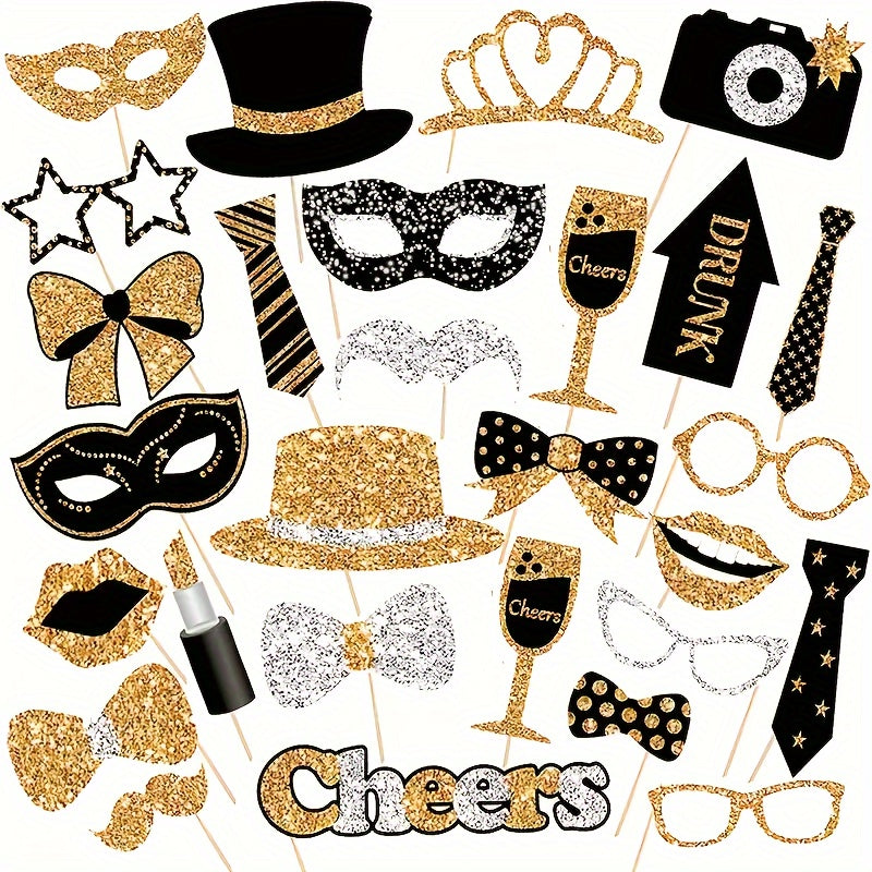 30pcs Glittery Set, Black Party Photo Booth Props, Assorted Accessories, Hats, Lipstick, Ties, Crowns, Paper Props for Celebrations