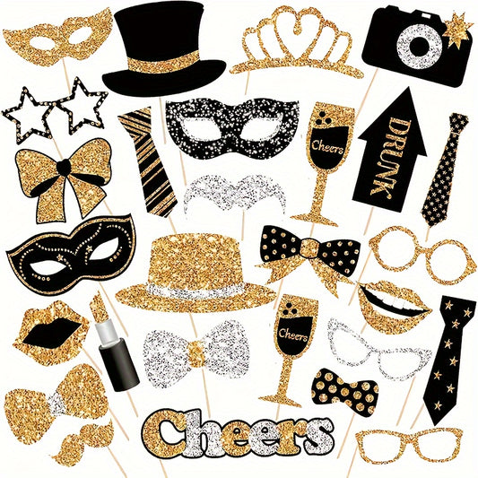 30pcs Glittery Set, Black Party Photo Booth Props, Assorted Accessories, Hats, Lipstick, Ties, Crowns, Paper Props for Celebrations