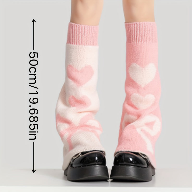 [Punk Knee Socks] Reversible Y2K Punk Gothic Knee High Socks | Lolita Style Heart Pattern, Warm Acrylic Knit Fabric, Women's Autumn Winter Knee Warmers, 90% Acrylic 10% Polyester