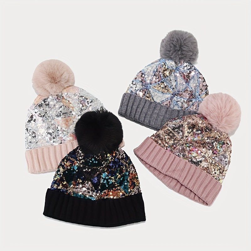 Sparkling Sequin Beanie Hat with Pom-Pom