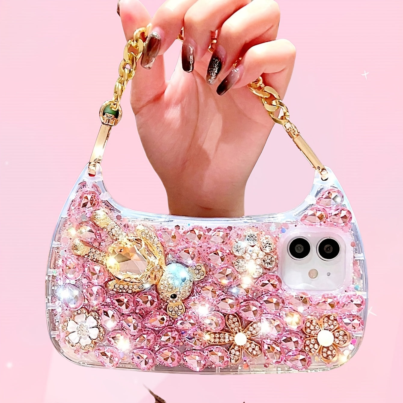 For iPhone 16promax Shiny Luxury Bag Luxury Wrist Chain Bag with Shiny Transparent Protective Case for iPhone 16promax 11 12 13 14 Pro Max X XS XR 7 8 Plus SE 16 Protective Cover