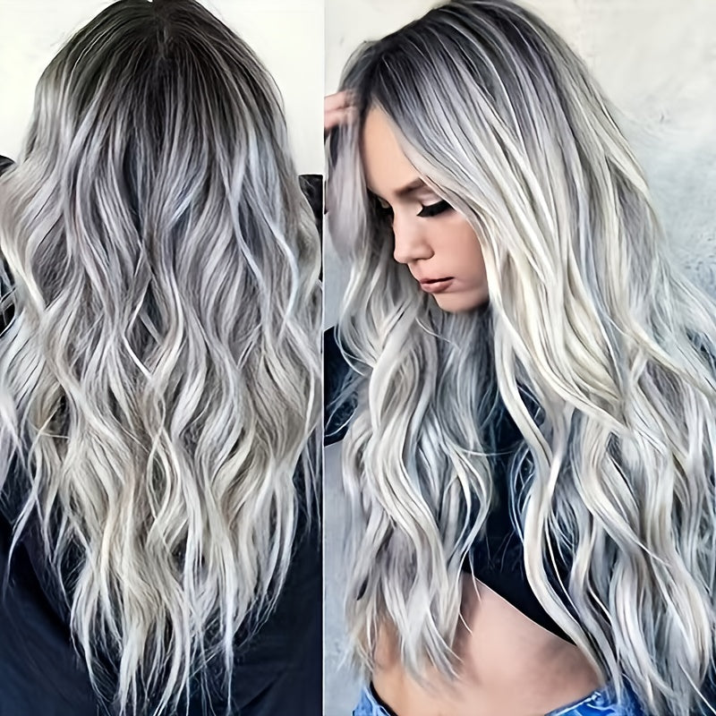 's & 's Black Gray Blonde Ombre Wavy Hair Wig.