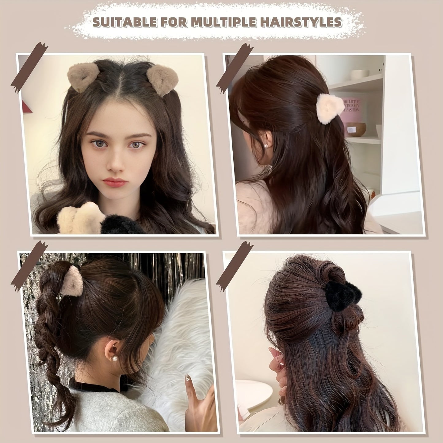 6pcs GUIJUI Honey Girl Plush Cat Ear Hair Clips, Cute Fuzzy Side Clip Bangs Grip Accessories, Solid Color, Resin, for Women, Suitable for Daily & Casual Wear, Over 15 Years Old