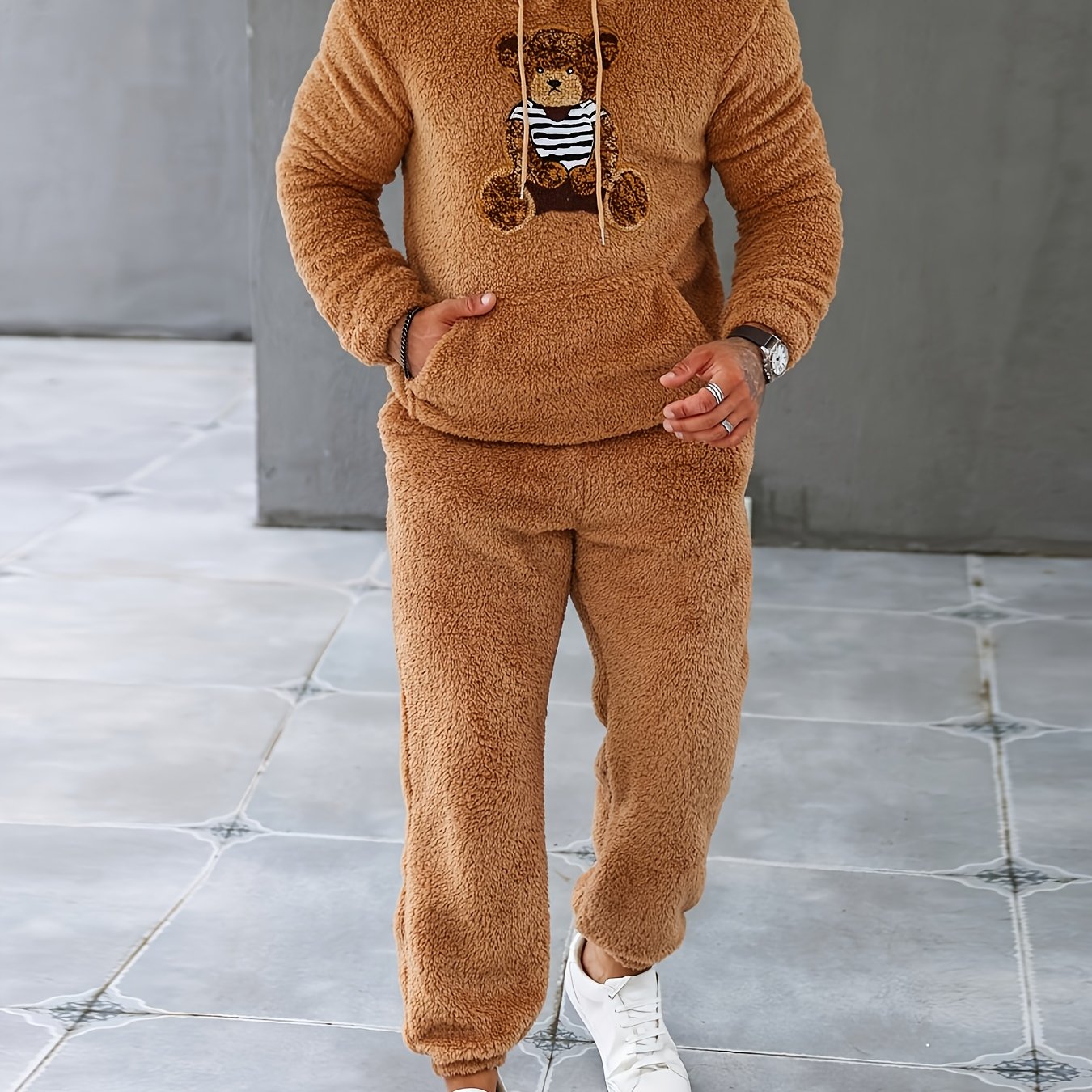 2Pcs Men's Fuzzy Fleece Casual Hoodies Long Sleeve Hooded Sweatshirt And Sweatpants Joggers Set For Winter Fall