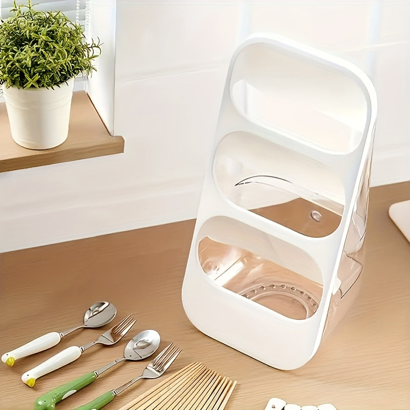 3-Grid Plastic Tableware Organizer - Multi-Functional Kitchen Rack for Utensils, Chopsticks, Forks, Knives - Wall-Mountable and Desktop Cutlery Holder with Washable Design, Available in White, Grey, Green