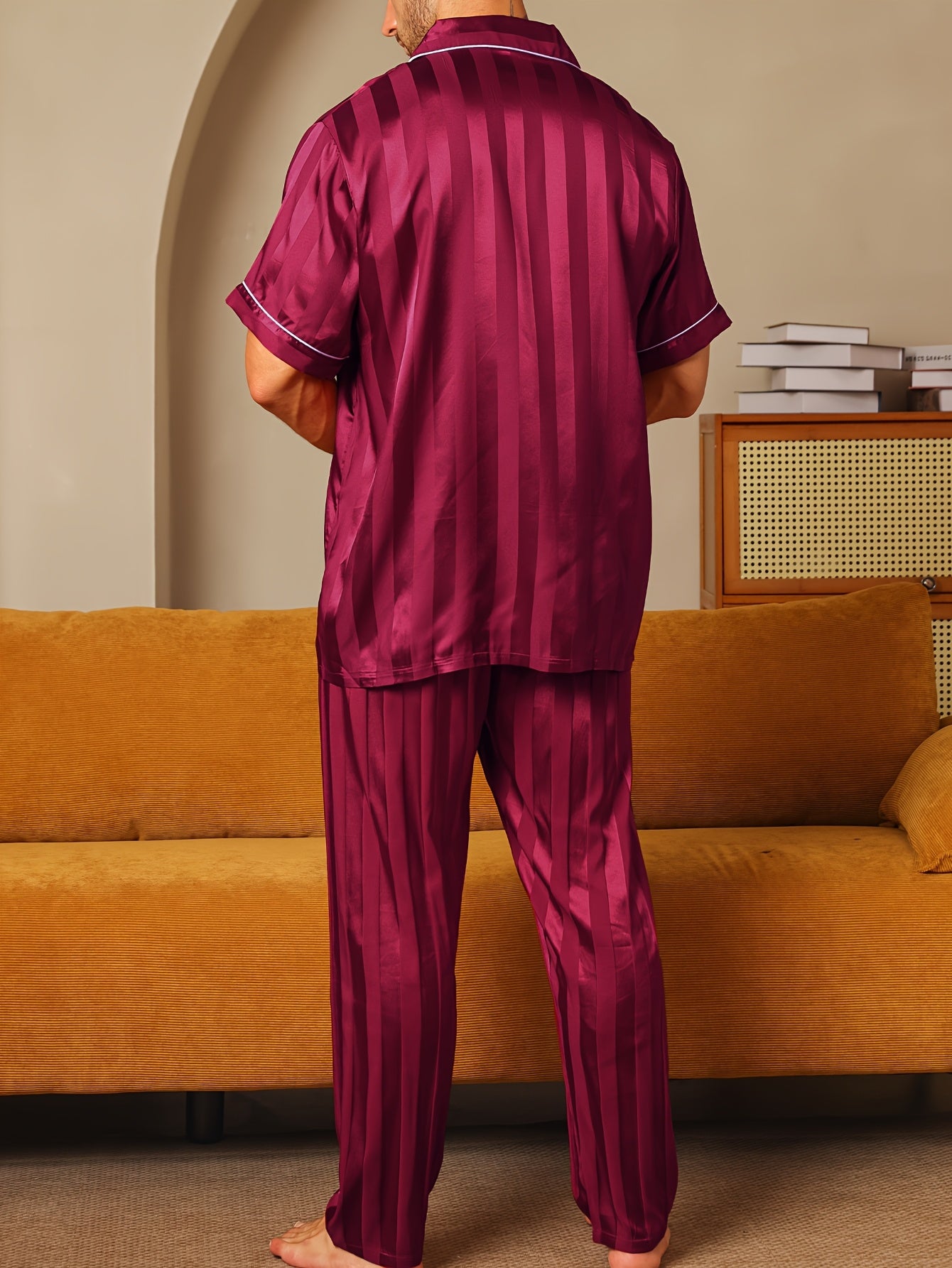 2pcs Men'S Pajama Set Short Sleeve Long Pants Thin Stripes with Embroidered Letters Summer Collar Cardigan Home wear Set