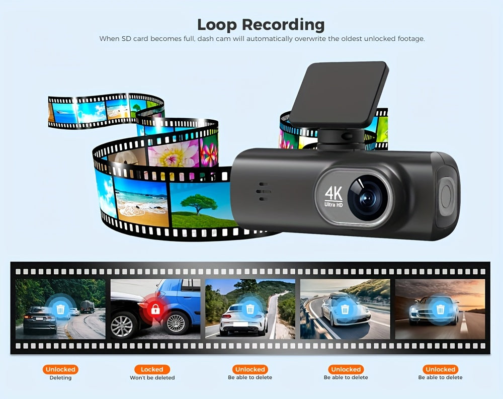 Mini 4K Dash Cam, Dual Lens, WiFi, 64GB
