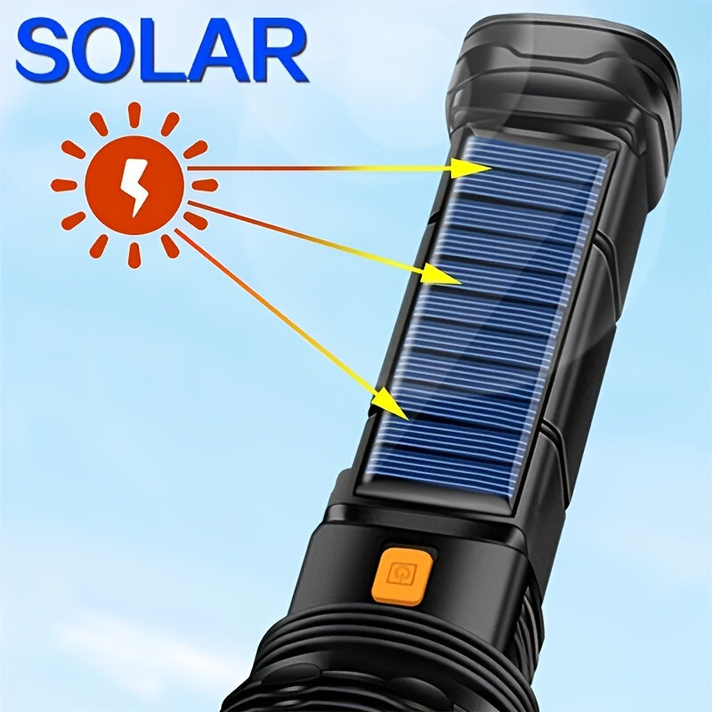 rechargeable solar flashlight with COB side light, USB rechargeable, multifunctional, 3 modes, perfect for outdoor exploration, camping, hiking, home safety, and emergency situations (including battery)