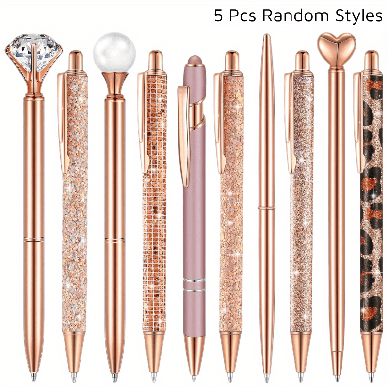 [5pcs Crystal Pens] 5pcs Metal Ballpoint Pens Set, Crystal Diamond Pen for Journaling | Glitter Stationery, Black Fancy Gifts for Teacher Office Wedding Back to School Christmas Graduation Supplies