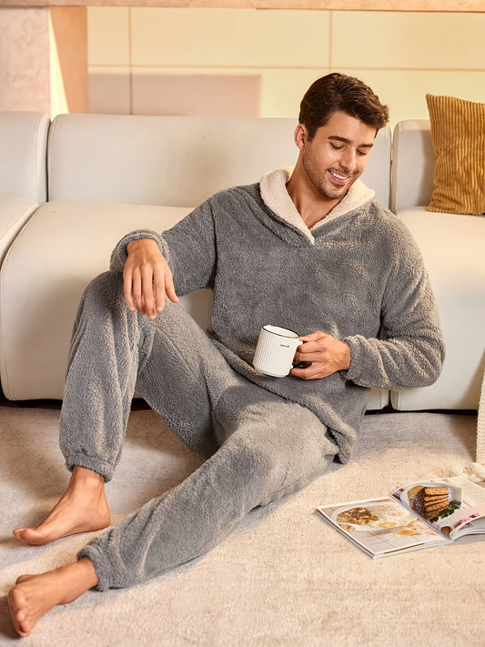 Men's 2pcs Winter Pajama Set - Heavy-Duty Coral Full-Zip Lounge Wear, Soft Thermal Long Sleeve Pajamas with Pants & Top.