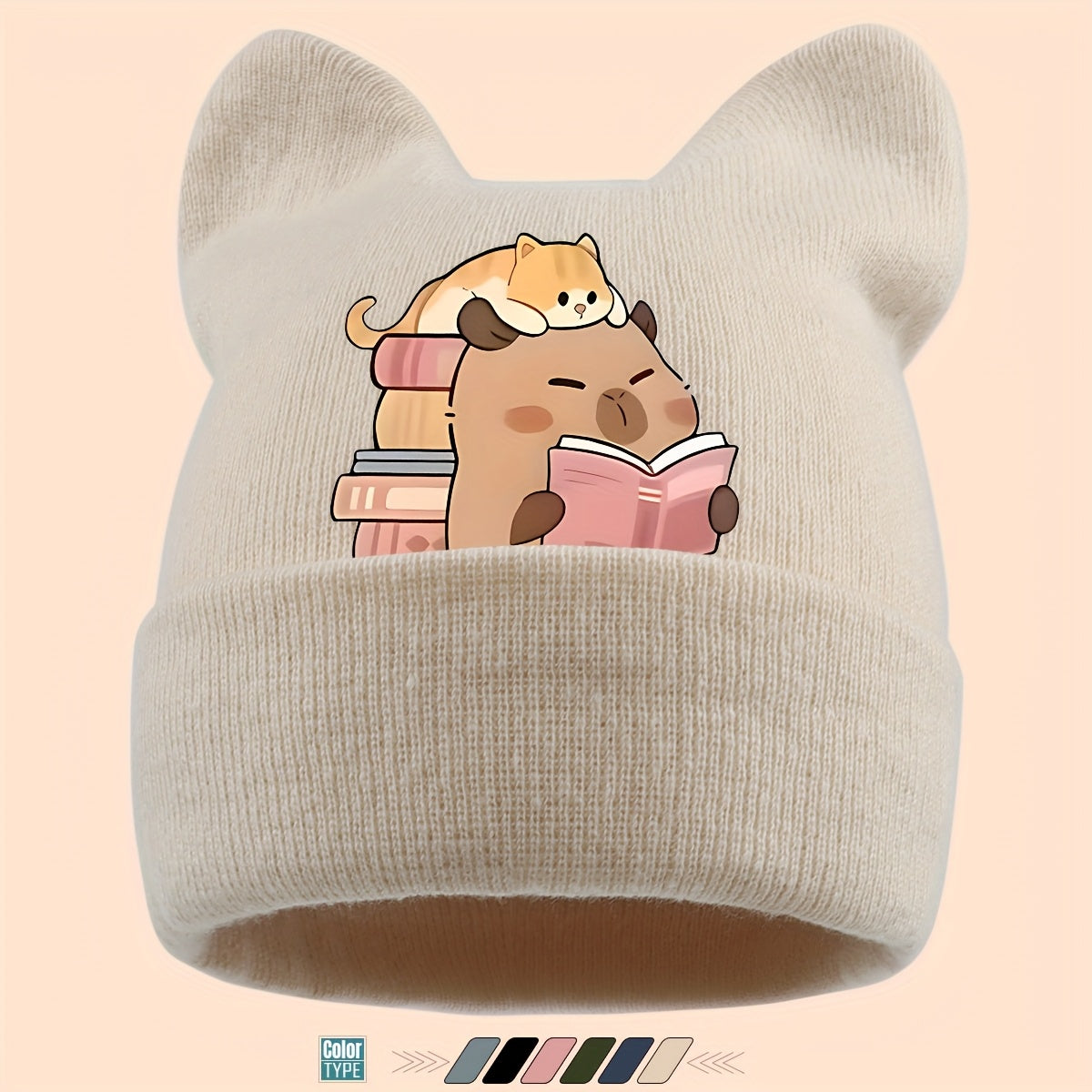 1pc Warm Soft Ear Beanie Hat with Cute Capybara Print