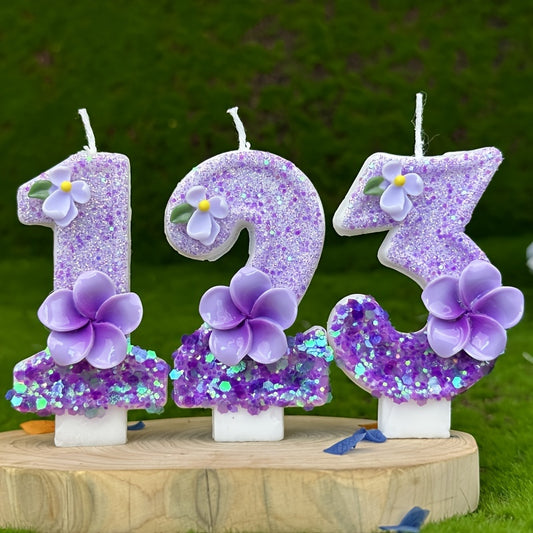 1pc Number Birthday Candle, Purple Glitter with Plumeria & Gardenia Accents, Paraffin Wax No-Feather Cake Topper for Party Decoration