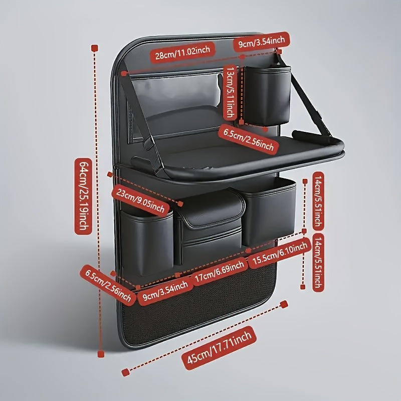 PU Leather Car Back Seat Storage Box with Foldable Dining Table And Cup Holder, Multifunctional Storage Bag, Vehicle Seat Protector, And Anti-Kick Mat.