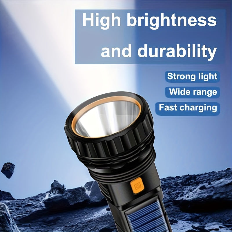 rechargeable solar flashlight with COB side light, USB rechargeable, multifunctional, 3 modes, perfect for outdoor exploration, camping, hiking, home safety, and emergency situations (including battery)