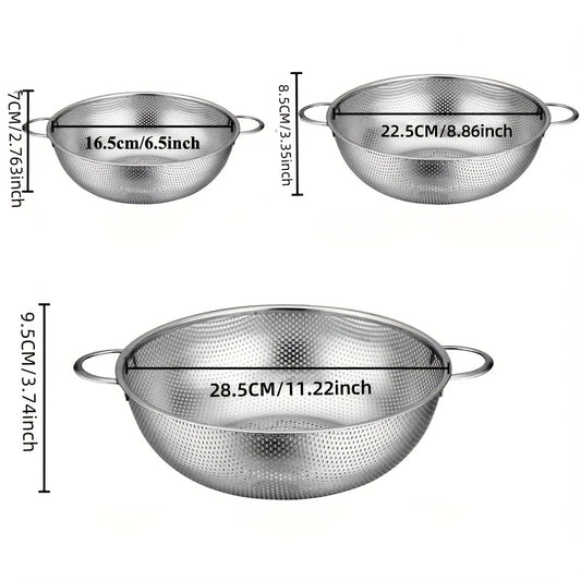 3pcs Stainless Steel Strainer Set with Handles, Large Mesh Colanders for Kitchen, Fine Strainers for Spaghetti, Vegetables, and Food Drainage, Durable Uncharged Mesh Strainers