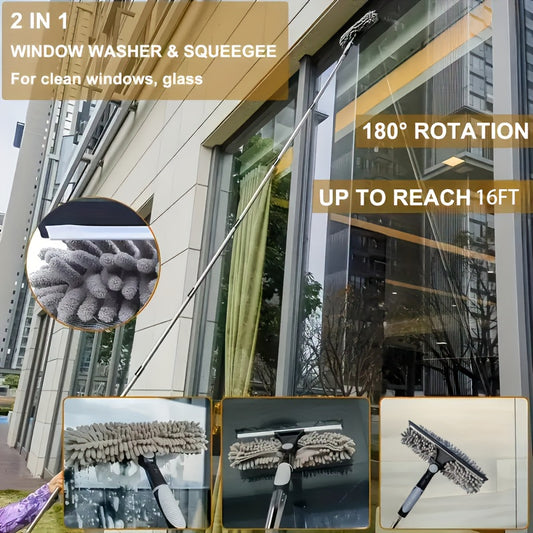 2-in-1 Window Washer & Squeegee - 180° Rotation, Up to 6.1meter Reach, Stainless Steel Handle, Resin Head with Microfiber Cleaning Cloth, Dry & Wet Use, Easy Assembly & Storage, Ideal for High-Rise Glass Cleaning, Window Cle