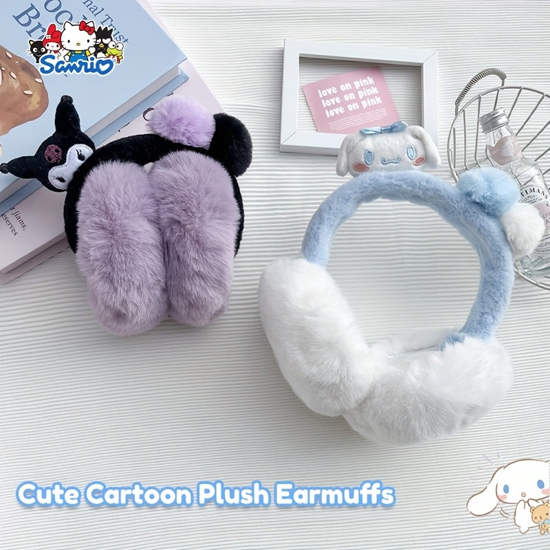 Sanrio Women's Plush Earmuffs - Soft Winter Ear Warmers with Kuromi, Yugui Dog, Vanilla Roll Designs - Pastel Purple/Black/, Lightweight Portable Folding for Commuting, Travel, Everyday - Sanrio Collectible Gift, Outdoor Wear