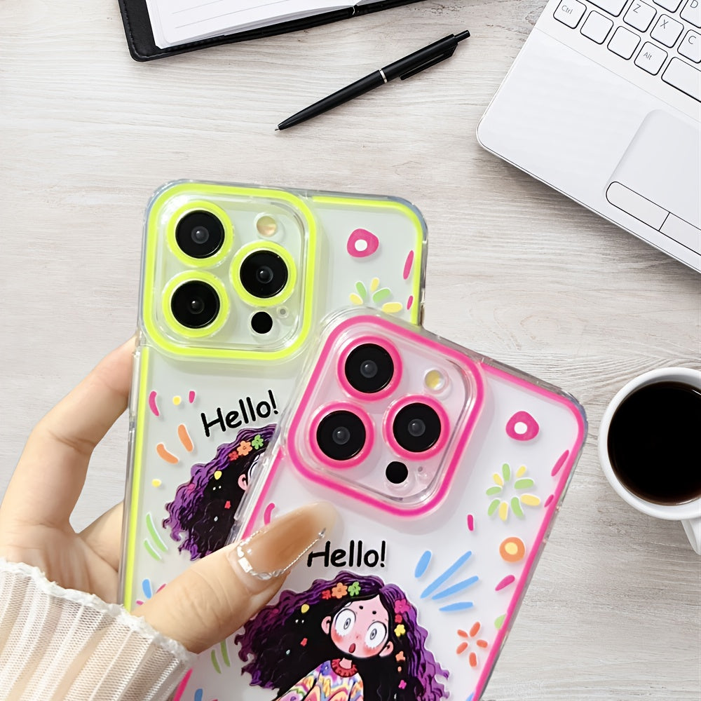 Adorable Curly Hair Girl with Luminous Anti-Fall Mobile Phone Case for iPhone15 Pro 14 Plus 13 12 11ProMax Full Protection Back Cover