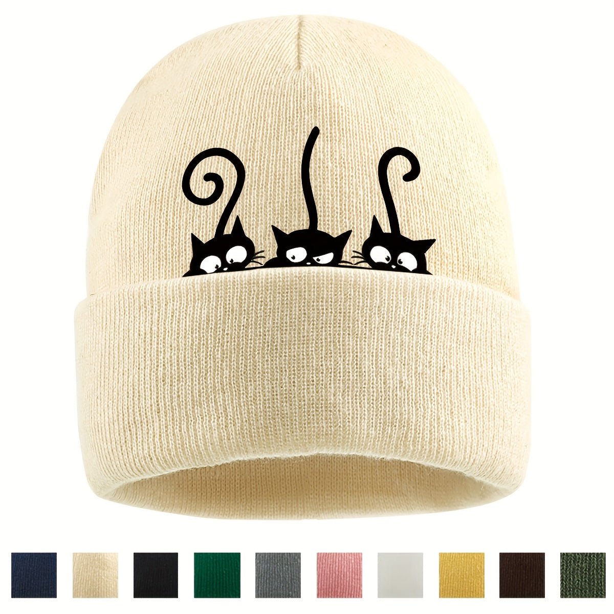 1pc Beanie Hat with Cute Black Cat Print