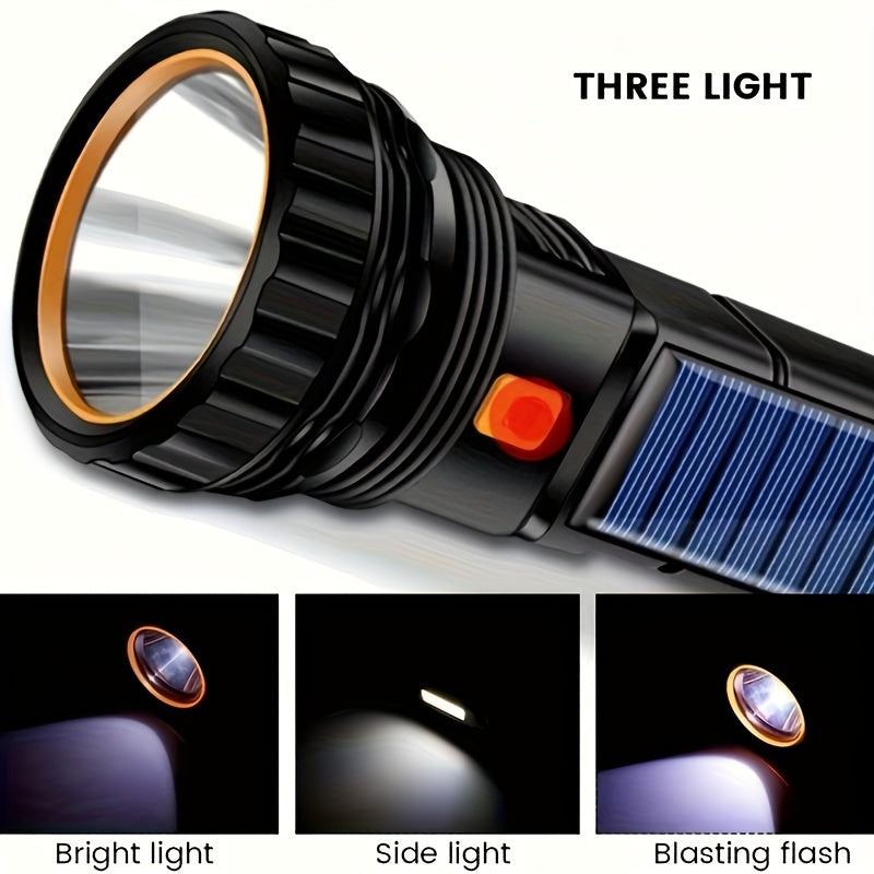 rechargeable solar flashlight with COB side light, USB rechargeable, multifunctional, 3 modes, perfect for outdoor exploration, camping, hiking, home safety, and emergency situations (including battery)