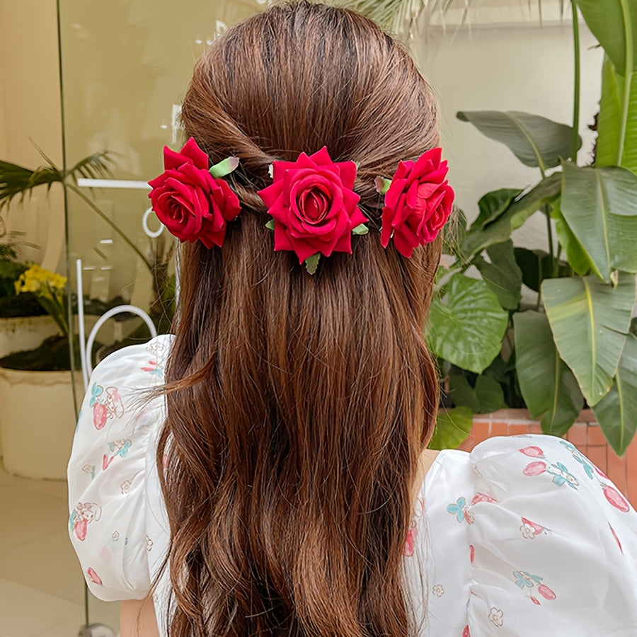 Vintage Casual 3pcs Red Rose Fabric Hair Clips - Side Bangs Duckbill Clip Accessories for Women