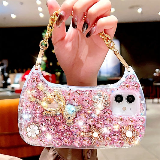 For iPhone 16promax Shiny Luxury Bag Luxury Wrist Chain Bag with Shiny Transparent Protective Case for iPhone 16promax 11 12 13 14 Pro Max X XS XR 7 8 Plus SE 16 Protective Cover