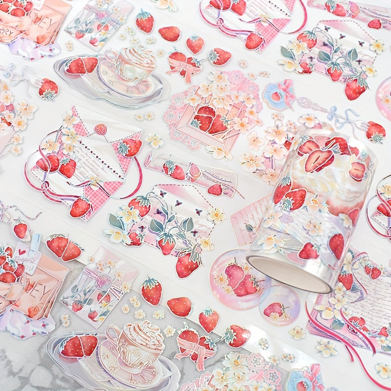 1 Roll Cute Strawberry Fantasy Stickers For Scrapbooking, Glossy PET Decal Tape With Anime Strawberry Romance Theme, Self-Adhesive For Journals And Notebooks, DIY & Decoration Accessories