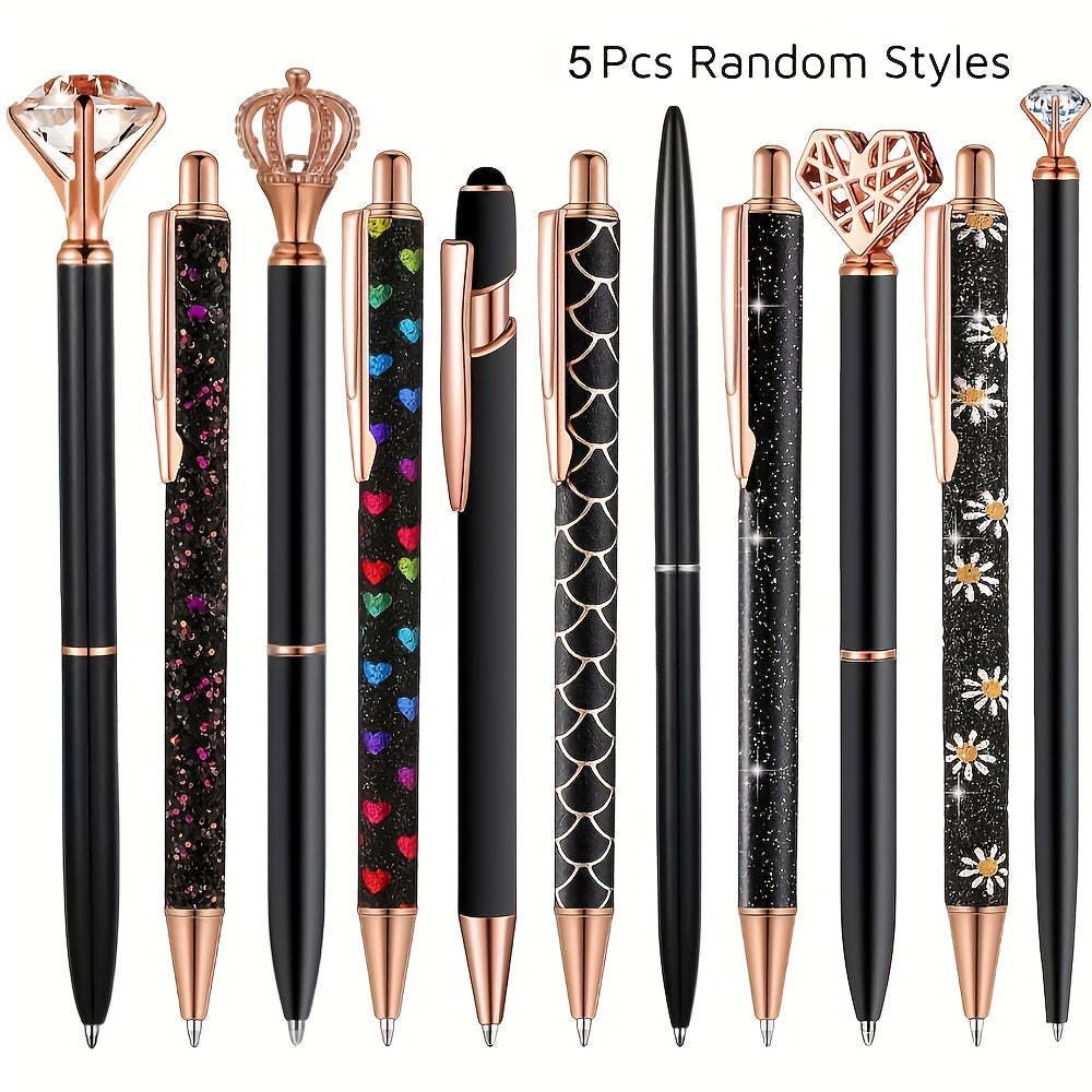 [5pcs Crystal Pens] 5pcs Metal Ballpoint Pens Set, Crystal Diamond Pen for Journaling | Glitter Stationery, Black Fancy Gifts for Teacher Office Wedding Back to School Christmas Graduation Supplies