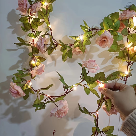 20 LED Champagne Rose Garland String Lights, 2m Floral Vine with Switch Control, Battery Powered, Plastic, Christmas Decorative Flower Theme, No Battery Included