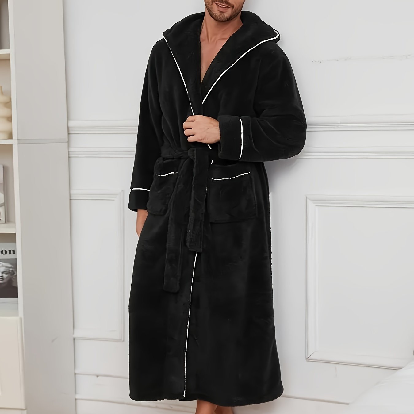 Luxurious Men's Black Fleece Bathrobe with Colour-Block Design. - Soft, Comfortable Long Sleeve Hooded Robe with Belt Detail, Machine Washable.