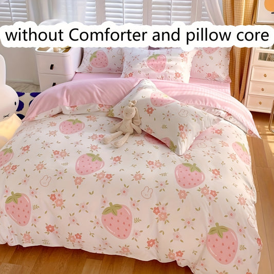 3pcs, 120g Healing Cute Pink Bubble Girl Heart Cream Strawberry Quilt Cover Set (1 Quilt Cover + 2 Pillowcases), No Quilt Core and Pillow Core, Suitable for Bedroom Dormitory, Soft and Comfortable